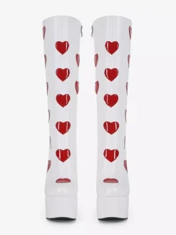 Bottes hautes blanches à plateforme grande taille motif c艙ur talon épais bottes GO GO
