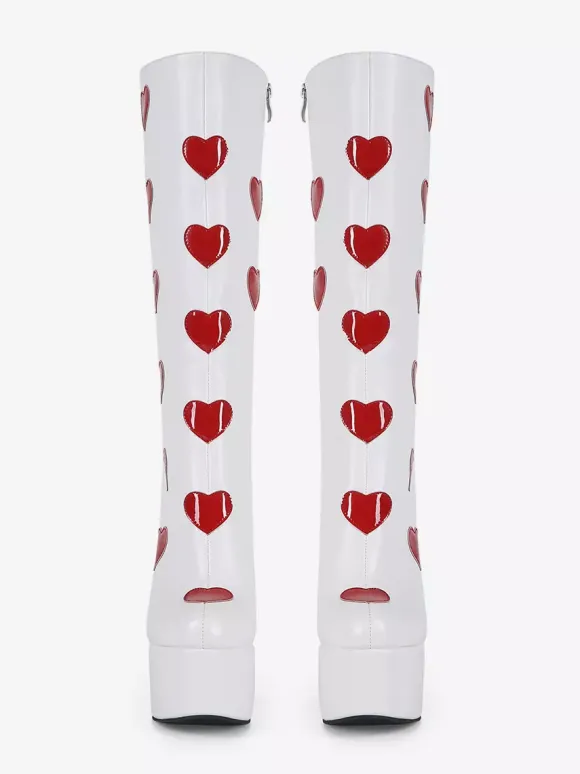Bottes hautes blanches à plateforme grande taille motif c艙ur talon épais bottes GO GO
