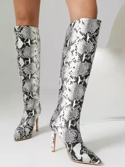 Bottes Hautes Chaussures Femmes Bout Rond Serpent Cuissardes À Talons Aiguilles