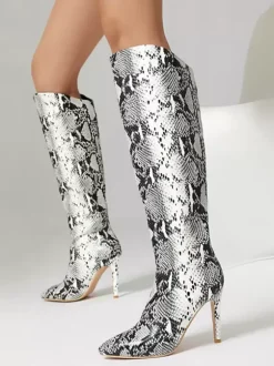 Bottes Hautes Chaussures Femmes Bout Rond Serpent Cuissardes À Talons Aiguilles