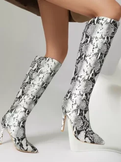 Bottes Hautes Chaussures Femmes Bout Rond Serpent Cuissardes À Talons Aiguilles