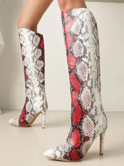 Bottes Hautes Chaussures Femmes Bout Rond Serpent Cuissardes À Talons Aiguilles