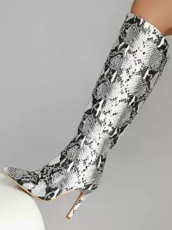 Bottes Hautes Chaussures Femmes Bout Rond Serpent Cuissardes À Talons Aiguilles