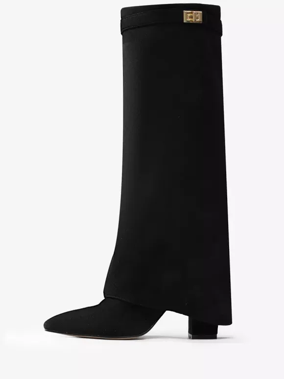 Bottes hautes en daim abricot à bout pointu avec boucle et fermeture éclair et talon épais