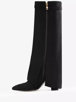 Bottes hautes en daim abricot à bout pointu avec boucle et fermeture éclair et talon épais