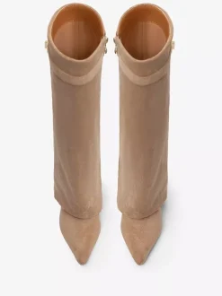 Bottes hautes en daim abricot à bout pointu avec boucle et fermeture éclair et talon épais