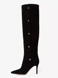 Bottes hautes en daim à bout pointu et talons hauts perlés pour femmes