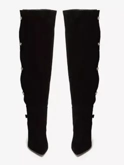 Bottes hautes en daim à bout pointu et talons hauts perlés pour femmes