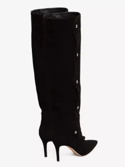 Bottes hautes en daim à bout pointu et talons hauts perlés pour femmes