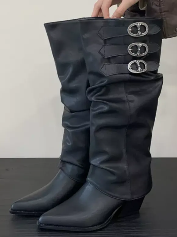 Bottes hautes en daim à bout pointu et talon épais avec boucle