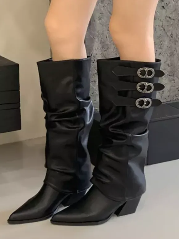 Bottes hautes en daim à bout pointu et talon épais avec boucle