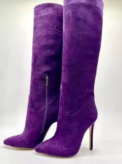 Bottes hautes en daim à bout pointu et à talons hauts avec fermeture éclair
