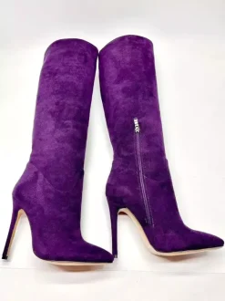 Bottes hautes en daim à bout pointu et à talons hauts avec fermeture éclair