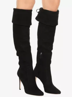 Bottes hautes en daim à bout pointu et talon haut repliable pour femmes