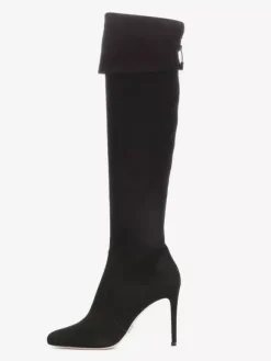 Bottes hautes en daim à bout pointu et talon haut repliable pour femmes