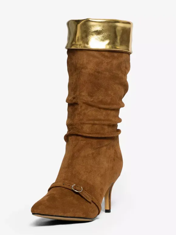 Bottes hautes en daim à bout pointu et boucle à talon moyen