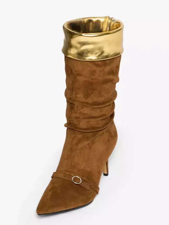 Bottes hautes en daim à bout pointu et boucle à talon moyen