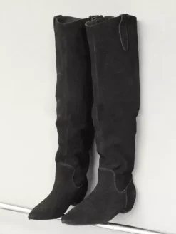 Bottes hautes en daim grises à bout pointu et plates