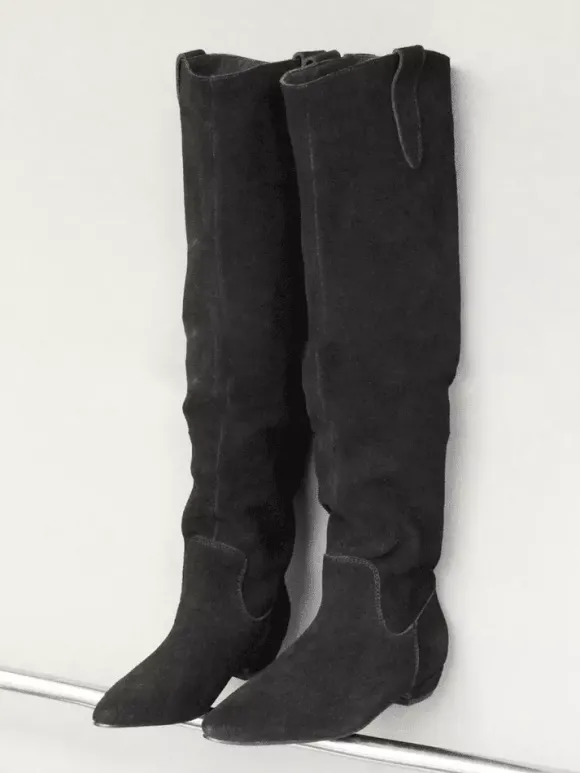 Bottes hautes en daim grises à bout pointu et plates
