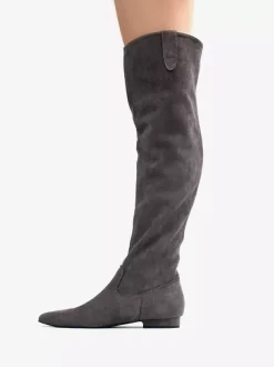 Bottes hautes en daim grises à bout pointu et plates