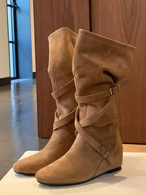 Bottes hautes en daim pour femmes bout rond boucle détail bottes plates croisées