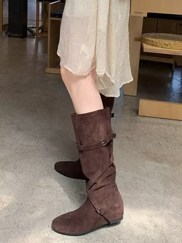 Bottes hautes en daim pour femmes bout rond boucle détail bottes plates croisées