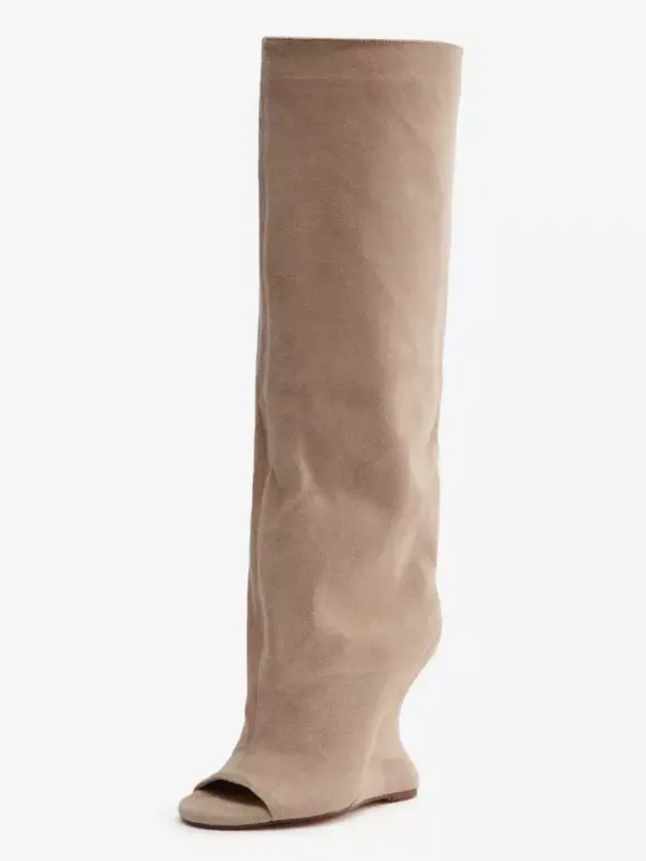 Bottes hautes en daim pour femmes bout ouvert talons hauts.