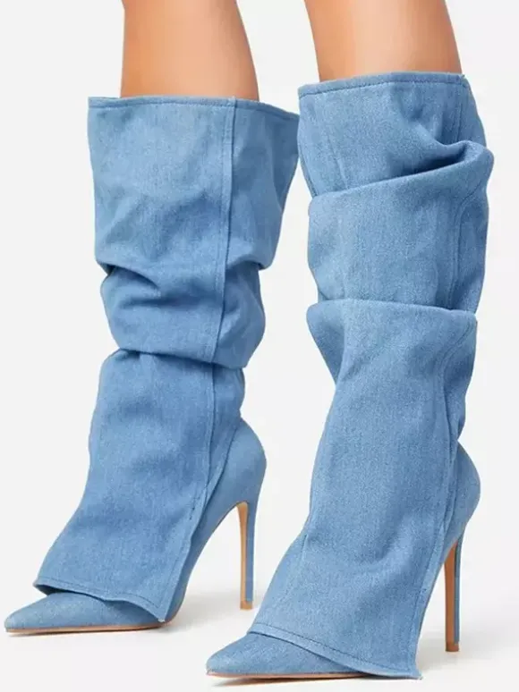 Bottes hautes en jean pour femmes bottes à talons hauts et bout pointu
