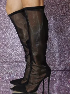 Bottes hautes en maille à talons hauts et bout pointu pour l'été