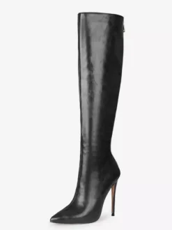 Bottes hautes femmes chaussures à talons aiguilles en cuir PU à bout pointu