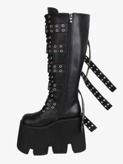Bottes hautes gothiques épaisses Lolita noires en cuir PU à bout rond chaussures Lolita