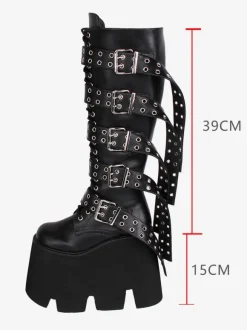 Bottes hautes gothiques épaisses Lolita noires en cuir PU à bout rond chaussures Lolita