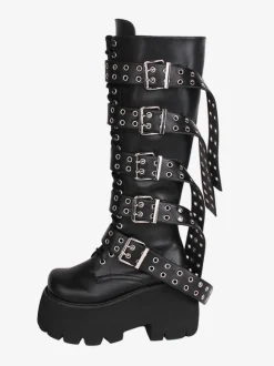 Bottes hautes gothiques épaisses Lolita en cuir PU à bout rond chaussures Lolita noires