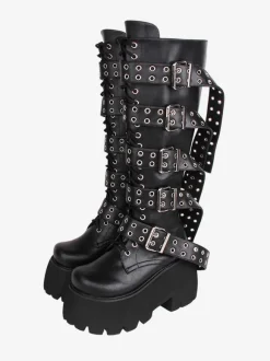 Bottes hautes gothiques épaisses Lolita en cuir PU à bout rond chaussures Lolita noires