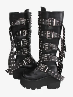 Bottes hautes gothiques épaisses Lolita en cuir PU à bout rond chaussures Lolita noires