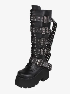 Bottes hautes gothiques épaisses Lolita en cuir PU à bout rond chaussures Lolita noires