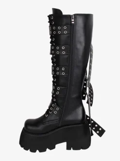 Bottes hautes gothiques épaisses Lolita en cuir PU à bout rond chaussures Lolita noires
