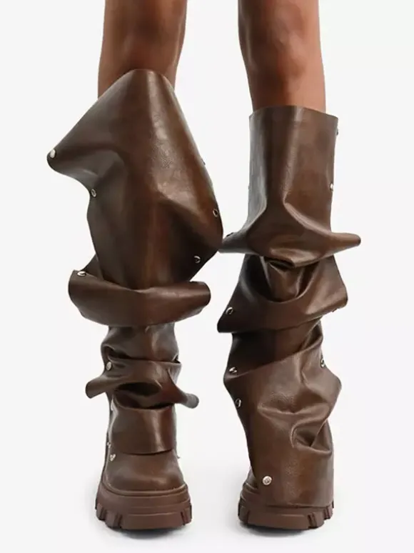 Bottes hautes marron pour femmes bottes à plateforme et talon épais longueur genou