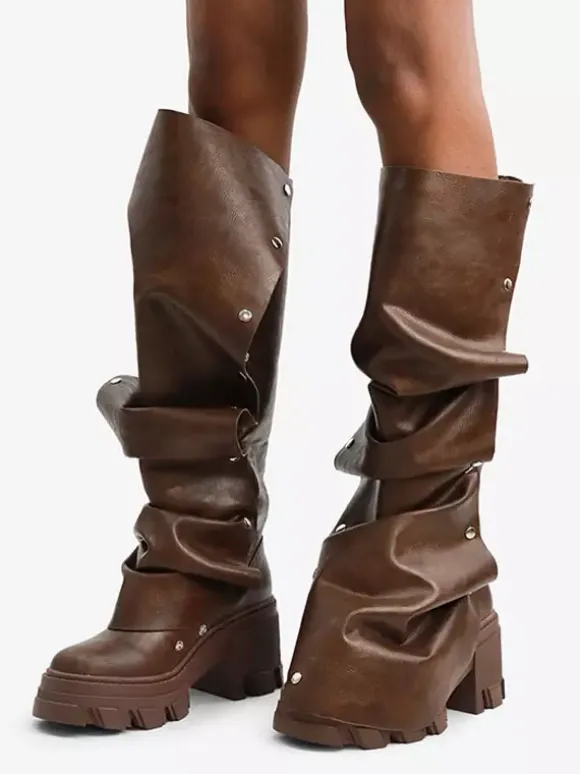 Bottes hautes marron pour femmes bottes à plateforme et talon épais longueur genou