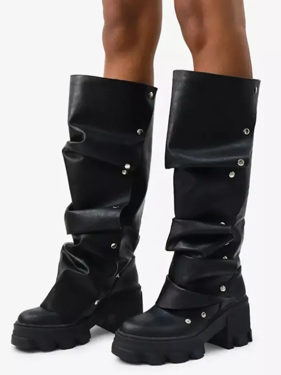 Bottes hautes marron pour femmes bottes à plateforme et talon épais longueur genou