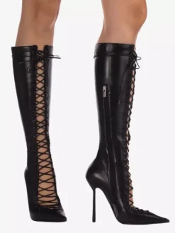 Bottes hautes noires à bout pointu et lacets pour femmes