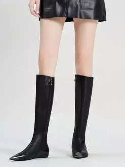 Bottes hautes noires à bout pointu  bottes plates au genou pour femme