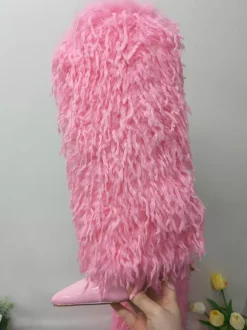 Bottes hautes noires en fausses plumes pour femmes bottes à talons hauts et bout pointu