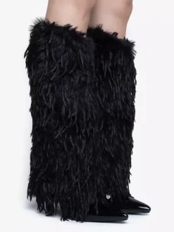 Bottes hautes noires en fausses plumes pour femmes bottes à talons hauts et bout pointu
