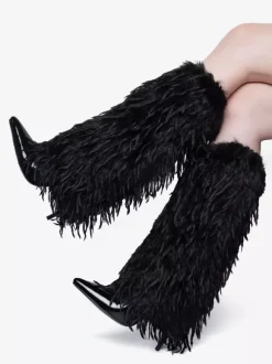 Bottes hautes noires en fausses plumes pour femmes bottes à talons hauts et bout pointu