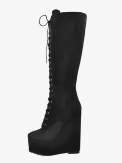 Bottes hautes noires sexy à lacets et talons compensés pour femmes