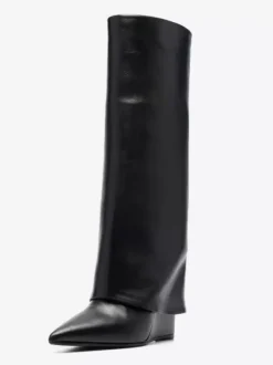 Bottes hautes noires à talons compensés et rabattables pour femmes