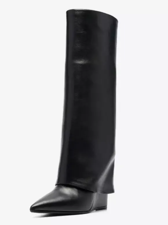 Bottes hautes noires à talons compensés et rabattables pour femmes