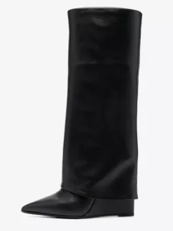 Bottes hautes noires à talons compensés et rabattables pour femmes