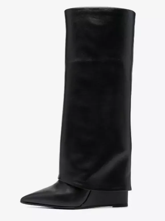 Bottes hautes noires à talons compensés et rabattables pour femmes